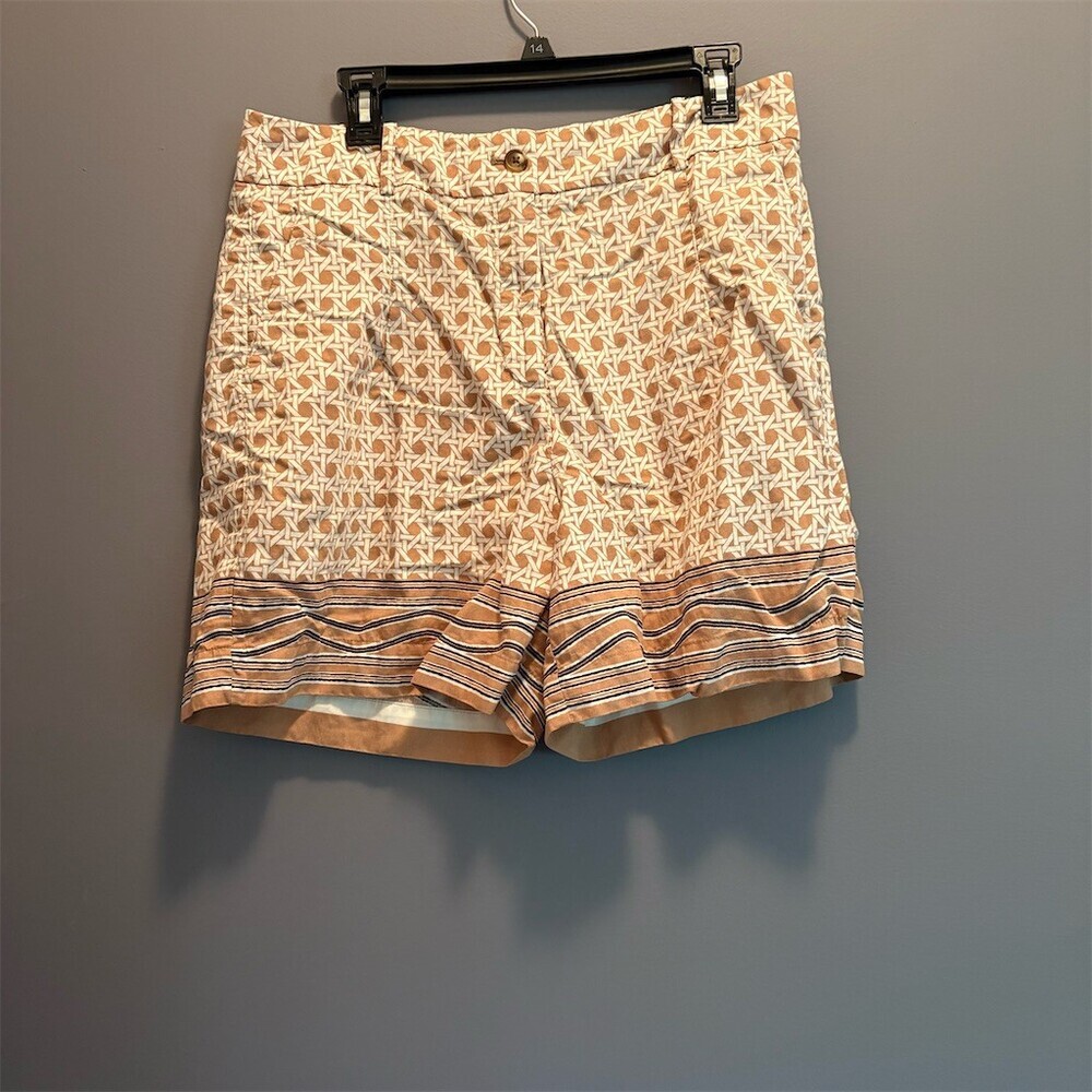 Ann Taylor Factory Chino Shorts Womens Size 12 Beige Geometric Striped Hem Rayon